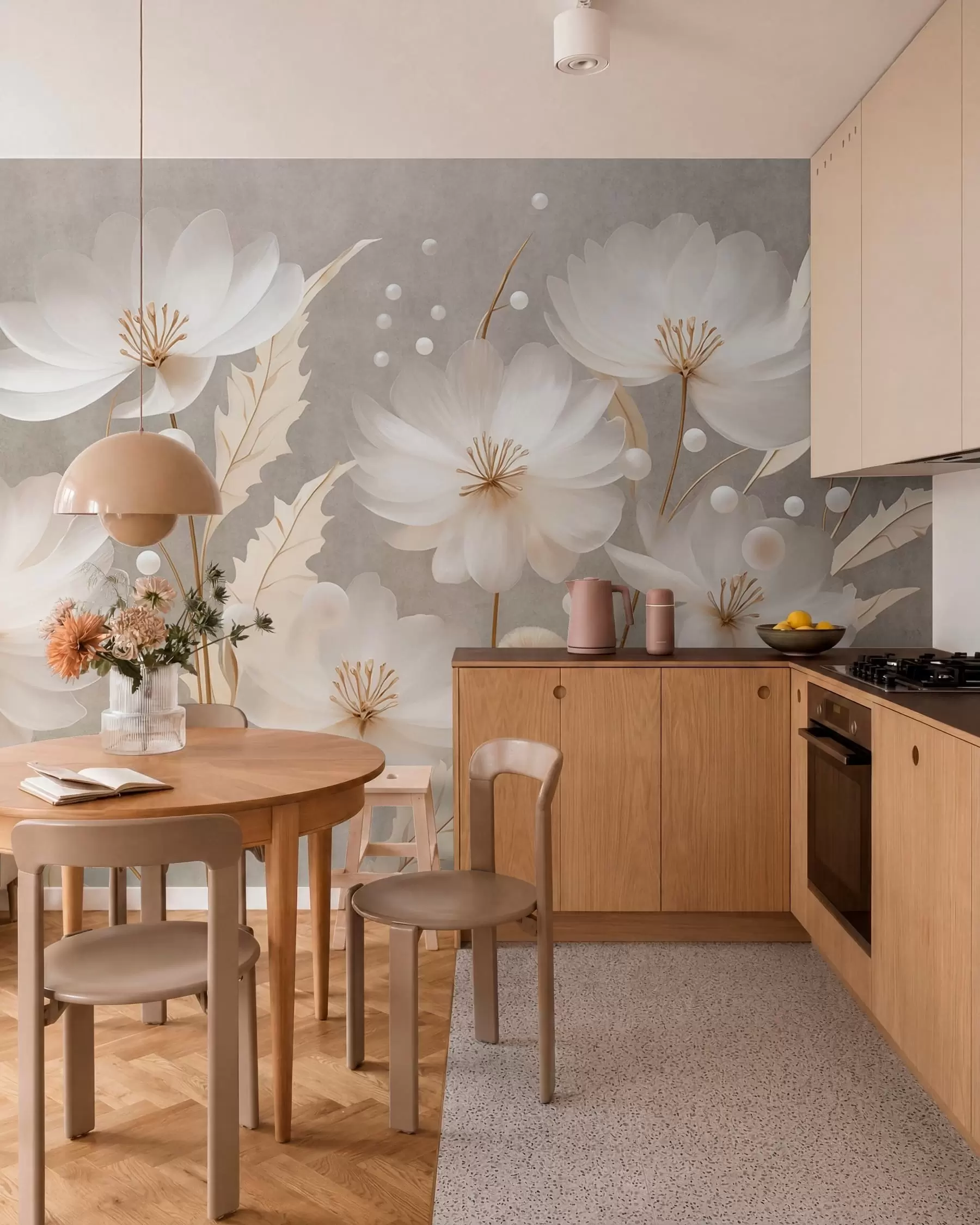 murales de pared Grandes flores blancas con hojas decorativas sobre un fondo gris w05857