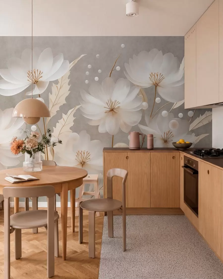 murales de pared Grandes flores blancas con hojas decorativas sobre un fondo gris w05857