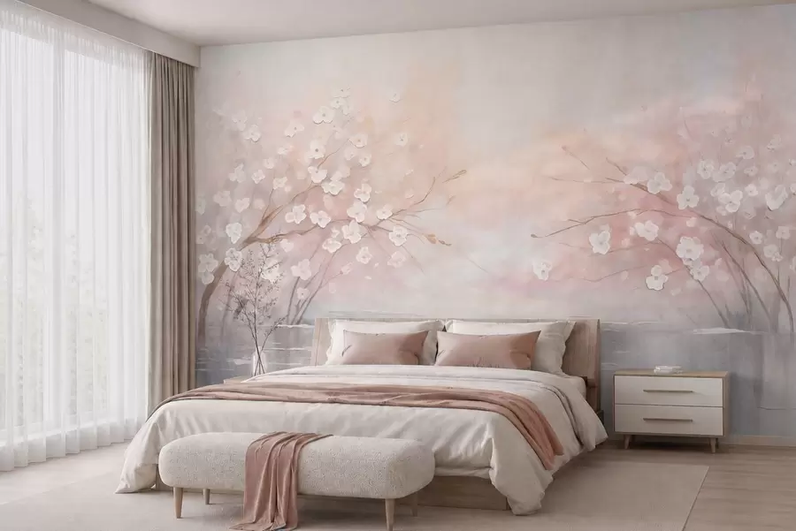 murales de pared Ramas en flor sobre aguas tranquilas en suaves tonos rosados w05858