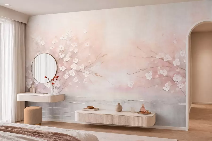 murales de pared Ramas en flor sobre aguas tranquilas en suaves tonos rosados w05858