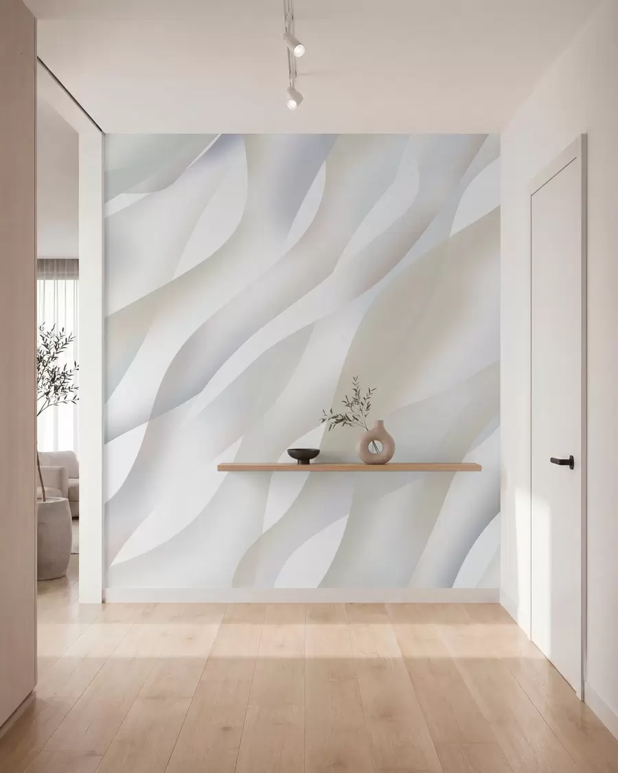 murales de pared Olas abstractas en tonos grises y beige sobre un fondo blanco w05758