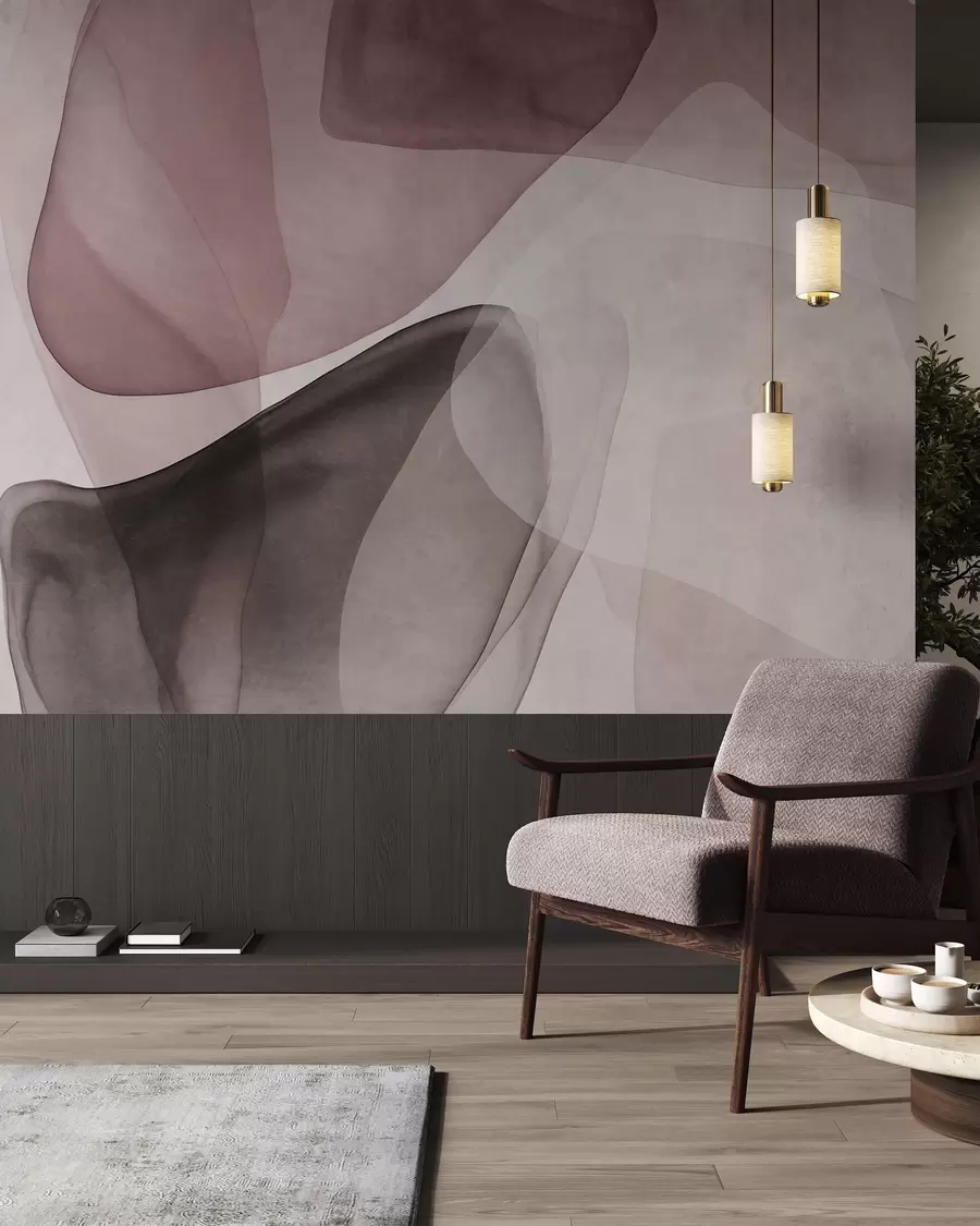 murales de pared Formas abstractas en tonos rosas y marrón oscuro, con un efecto de capas texturizadas y translúcidas w10022v1