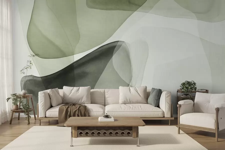 murales de pared Formas abstractas en tonos verdes, con un efecto de capas texturizadas y translúcidas w10022v2