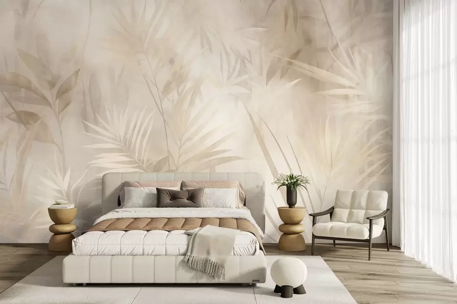 murales de pared Hojas de palmera en tonos beige y crema apagados, con un fondo suave, selva tropical w10023