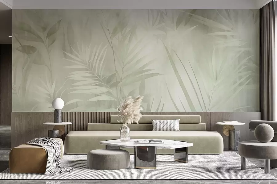 murales de pared Hojas de palmera en tonos verdes apagados, con un fondo suave, selva tropical w10023v1