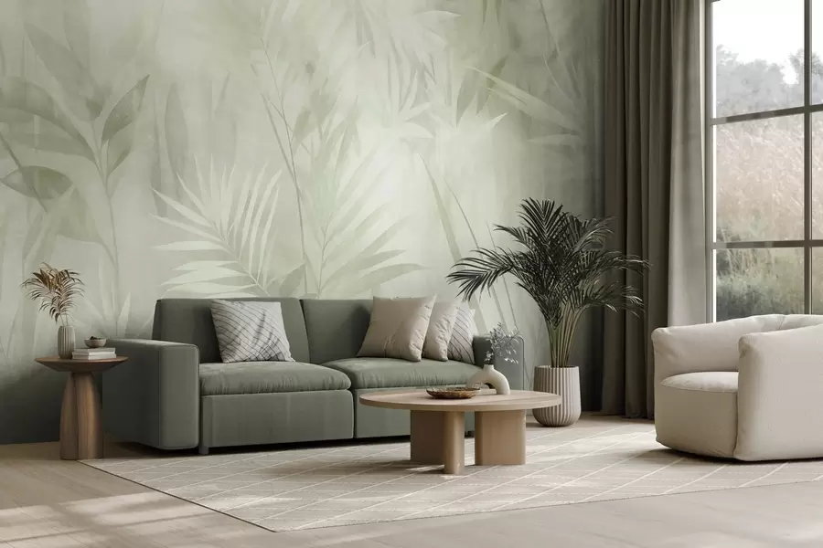murales de pared Hojas de palmera en tonos verdes apagados, con un fondo suave, selva tropical w10023v1