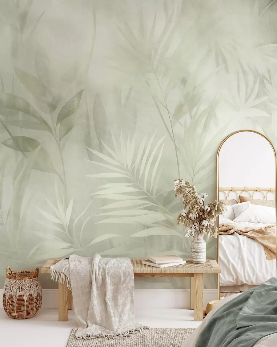 murales de pared Hojas de palmera en tonos verdes apagados, con un fondo suave, selva tropical w10023v1