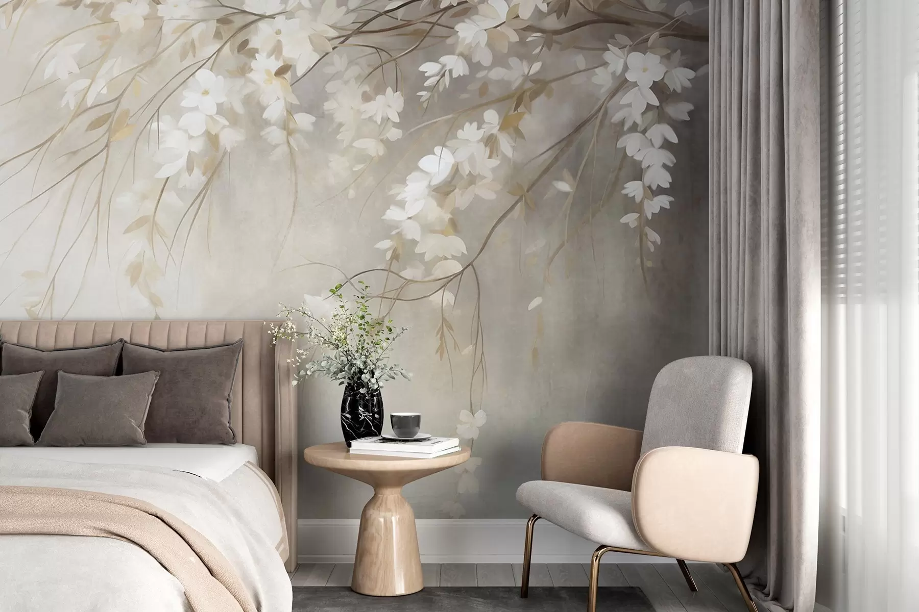 murales de pared Una delicada rama de cerezo con flores blancas y hojas, estilo pictórico w10024