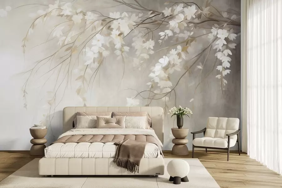 murales de pared Una delicada rama de cerezo con flores blancas y hojas, estilo pictórico w10024
