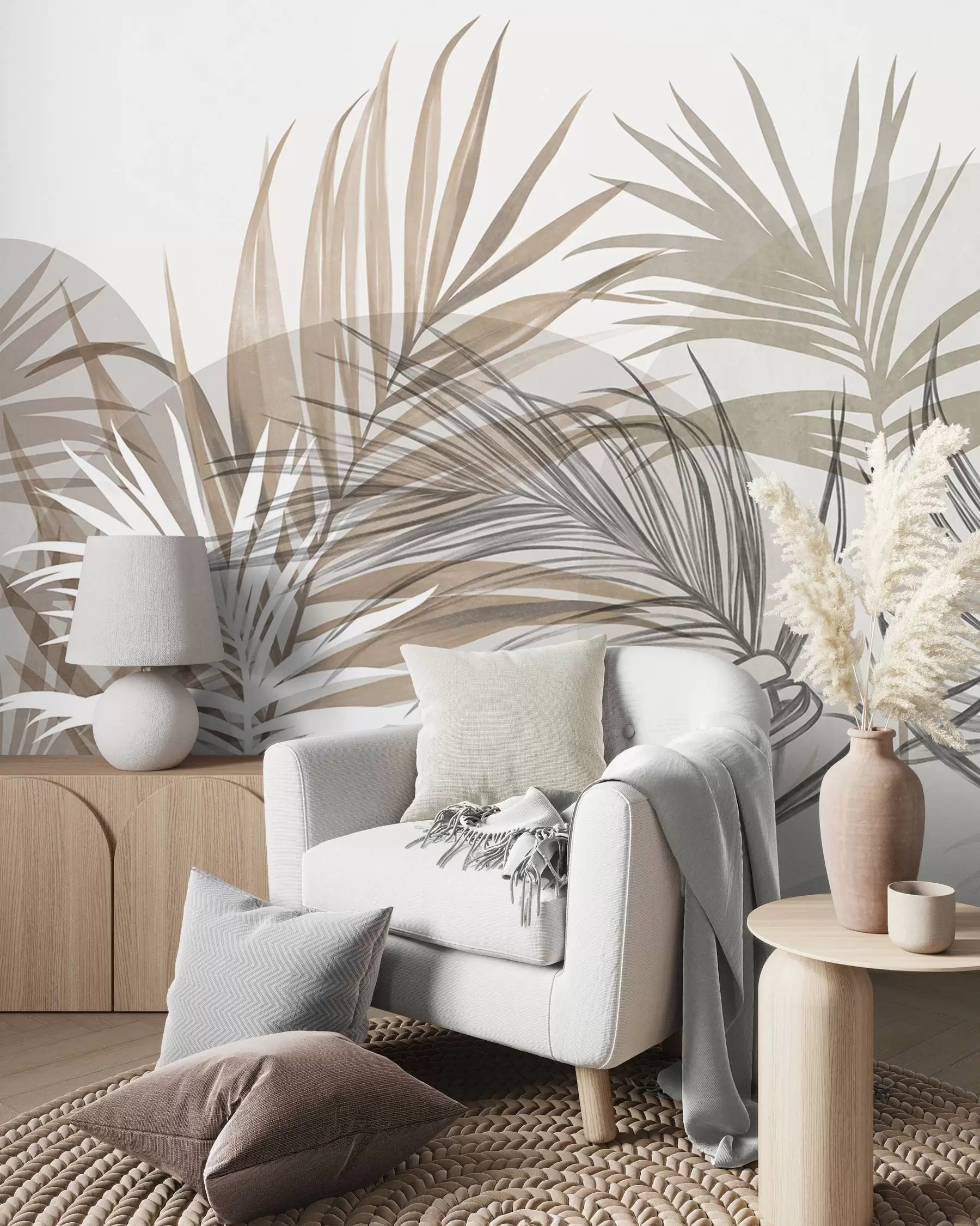 murales de pared Hojas de palmera en tonos neutros de beige, marrón y gris, con formas abstractas w10025