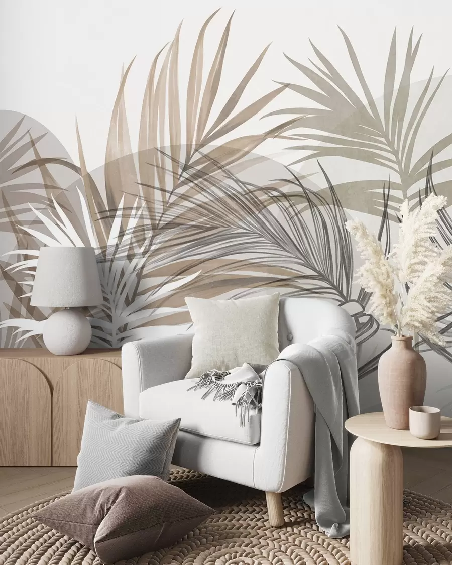 murales de pared Hojas de palmera en tonos neutros de beige, marrón y gris, con formas abstractas w10025