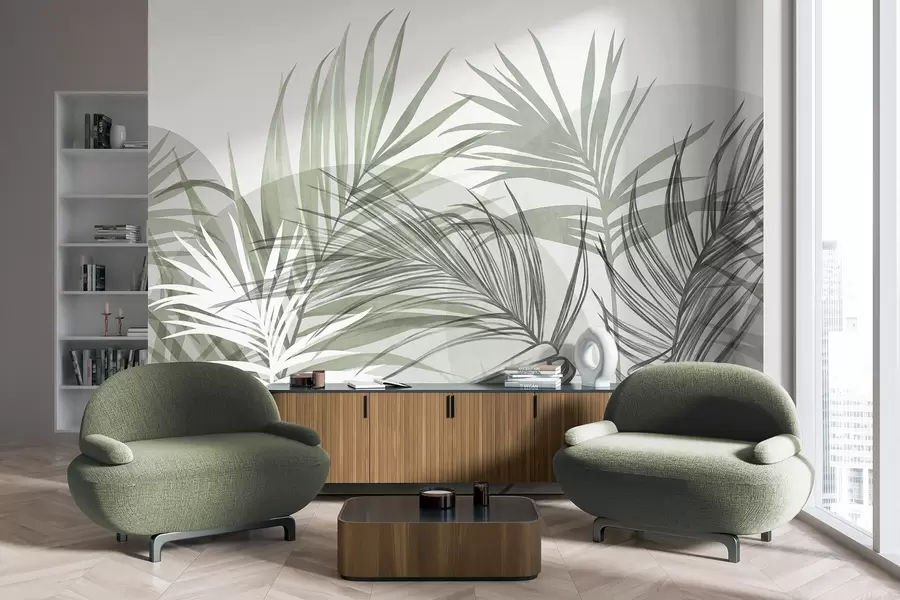 murales de pared Hojas de palmera en tonos neutros de verde y gris, con formas abstractas w10025v2