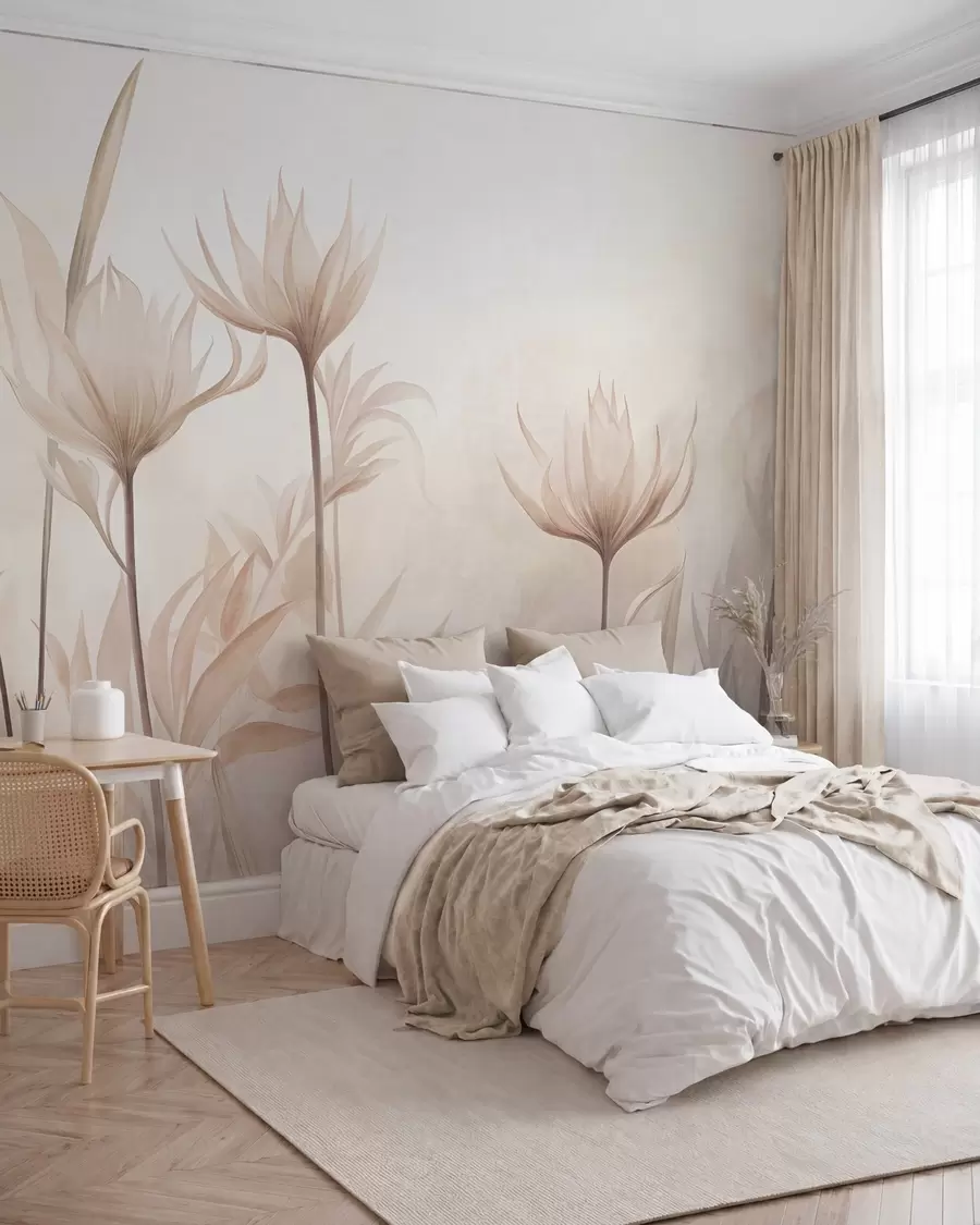 murales de pared Flores translúcidas con textura, en suaves tonos melocotón y beige, con tallos largos y follaje w10028