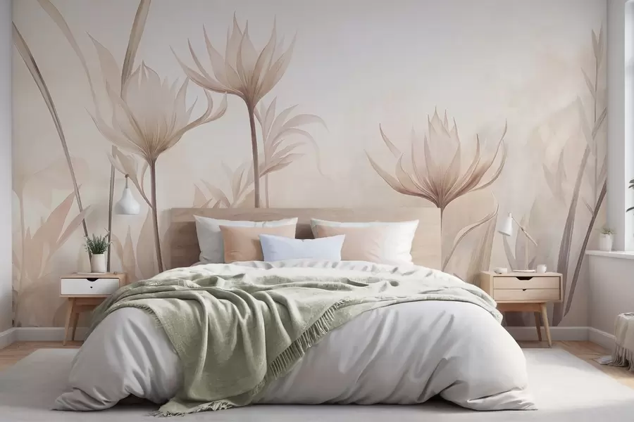 murales de pared Flores translúcidas con textura, en suaves tonos melocotón y beige, con tallos largos y follaje w10028