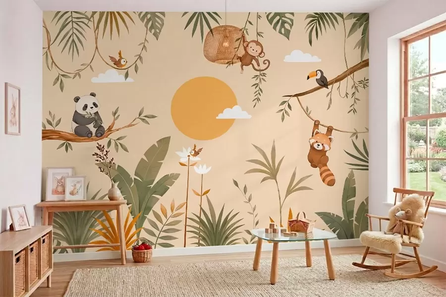 murales de pared Animales tropicales, vegetación y sol sobre un fondo cálido w05865v1