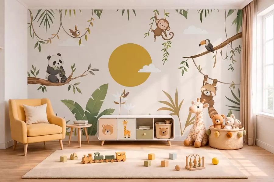 murales de pared Animales tropicales entre el follaje, con un sol enorme w05865v2