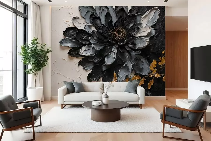 murales de pared Flor con textura en negro y gris con ramas decorativas w05883
