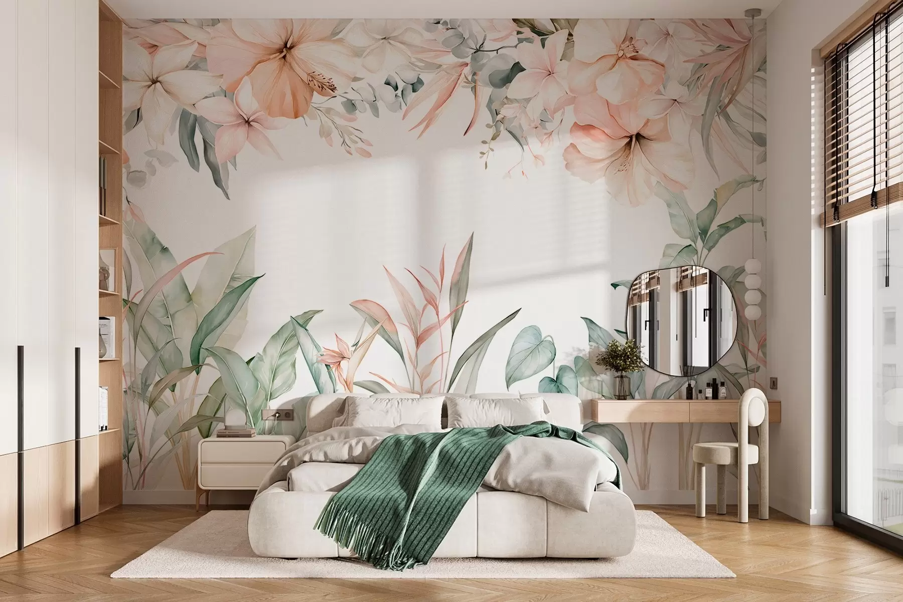 murales de pared Una composición tropical de flores y plantas en estilo acuarela, en tonos delicados w05870