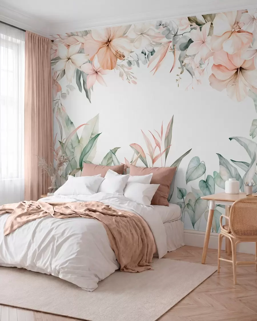 murales de pared Una composición tropical de flores y plantas en estilo acuarela, en tonos delicados w05870