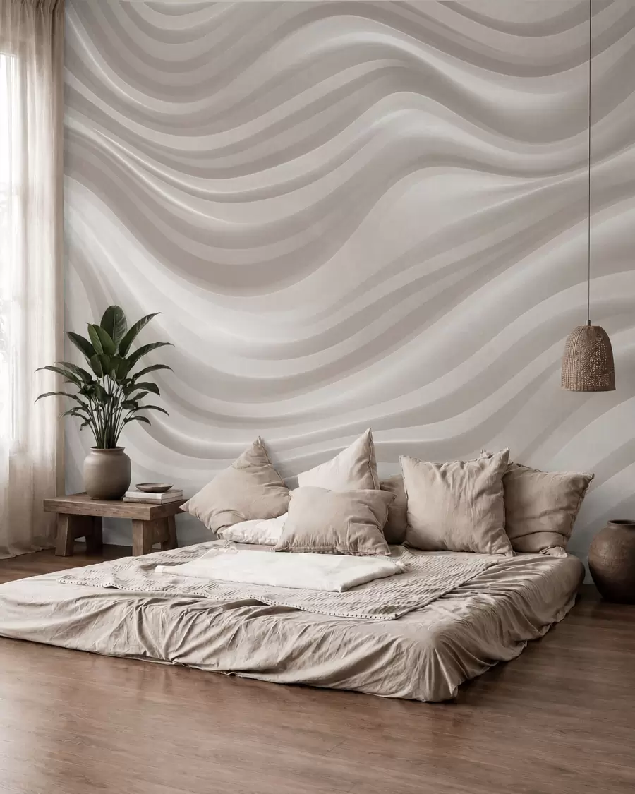 murales de pared Líneas onduladas y amplias en suaves tonos beige y crema w09835