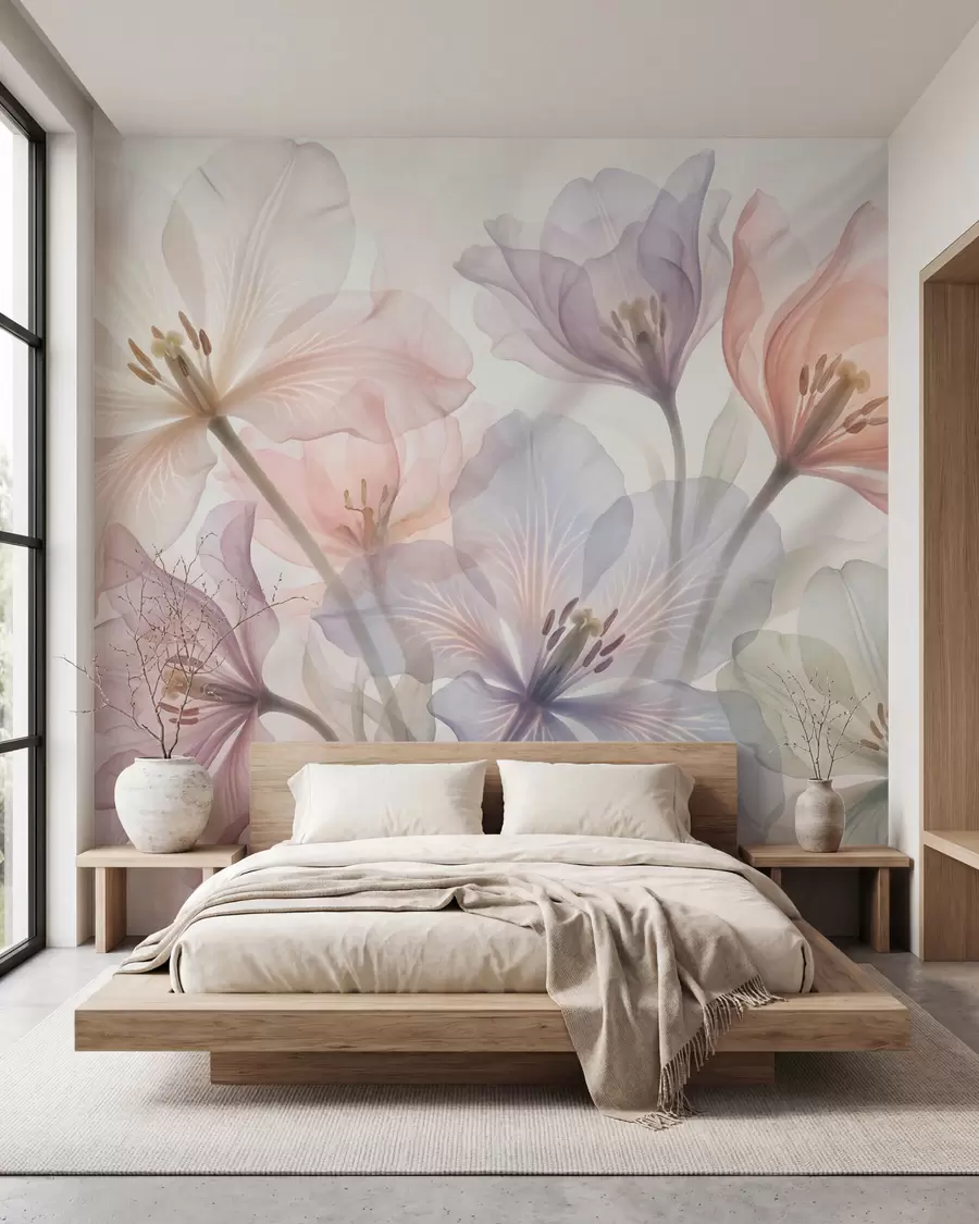 murales de pared Delicadas flores transparentes en tonos pastel, al estilo de la acuarela w09999