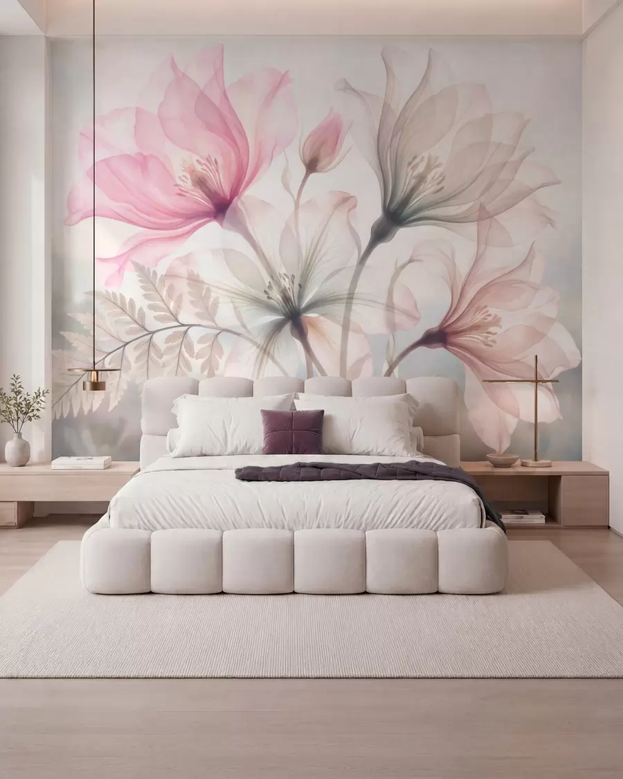 murales de pared Delicadas flores en tonos rosa y azul pastel, con estilo de acuarela w10009