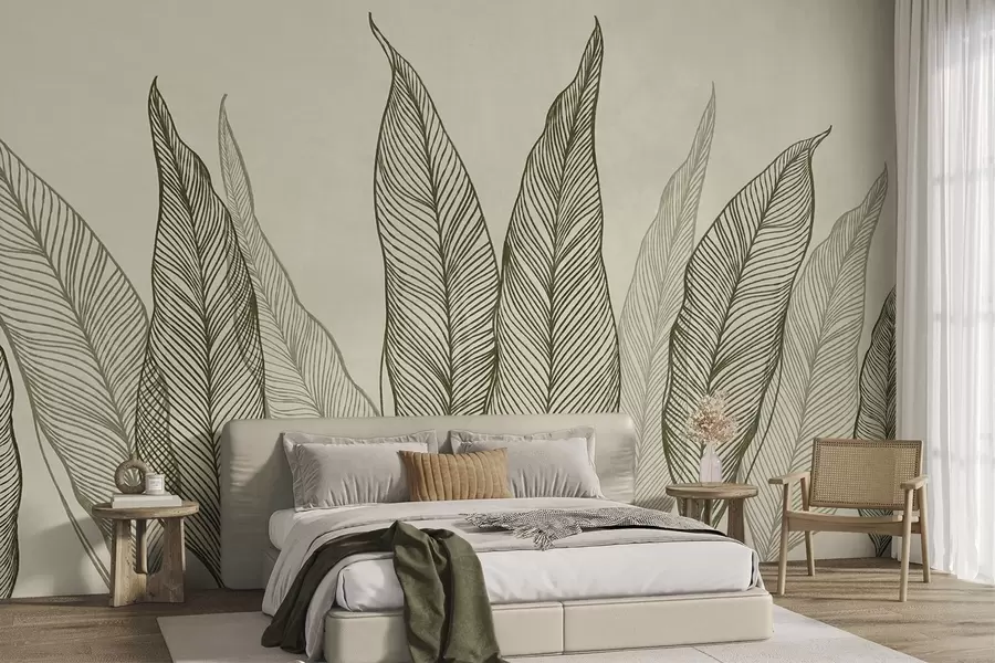 murales de pared Hojas verdes estilizadas con detalles de líneas intrincadas sobre un fondo beige; ilustración con textura w10030