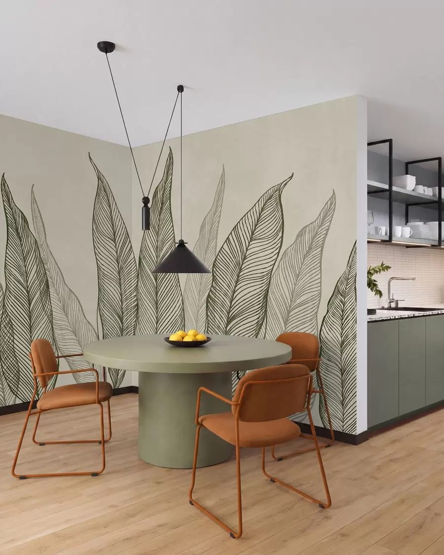 murales de pared Hojas verdes estilizadas con detalles de líneas intrincadas sobre un fondo beige; ilustración con textura w10030