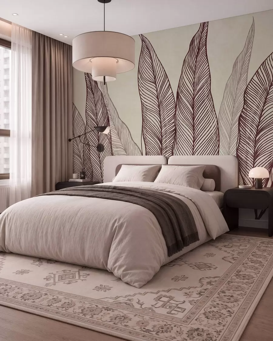 murales de pared Hojas de color burdeos estilizadas con detalles de líneas intrincadas sobre un fondo beige, obra de arte con textura w10030v1