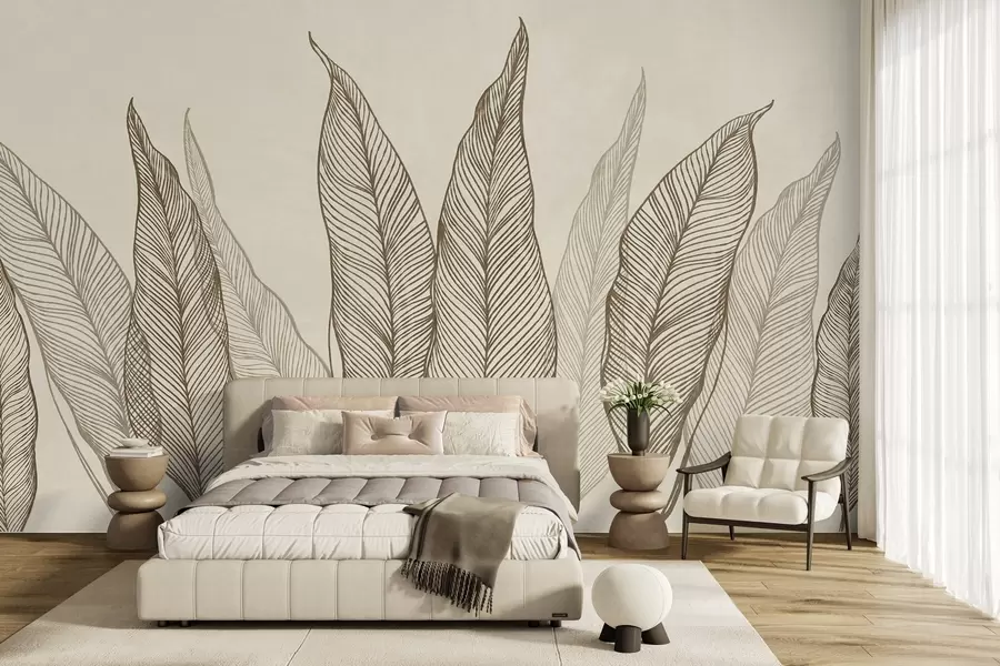 murales de pared Hojas marrones estilizadas con detalles de líneas intrincadas sobre un fondo beige; obra de arte con textura w10030v2