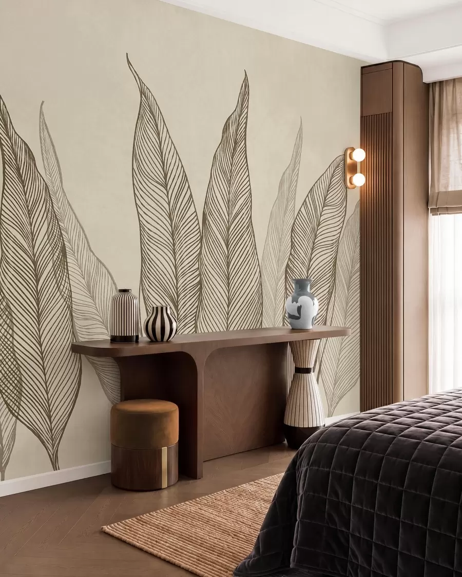 murales de pared Hojas marrones estilizadas con detalles de líneas intrincadas sobre un fondo beige; obra de arte con textura w10030v2