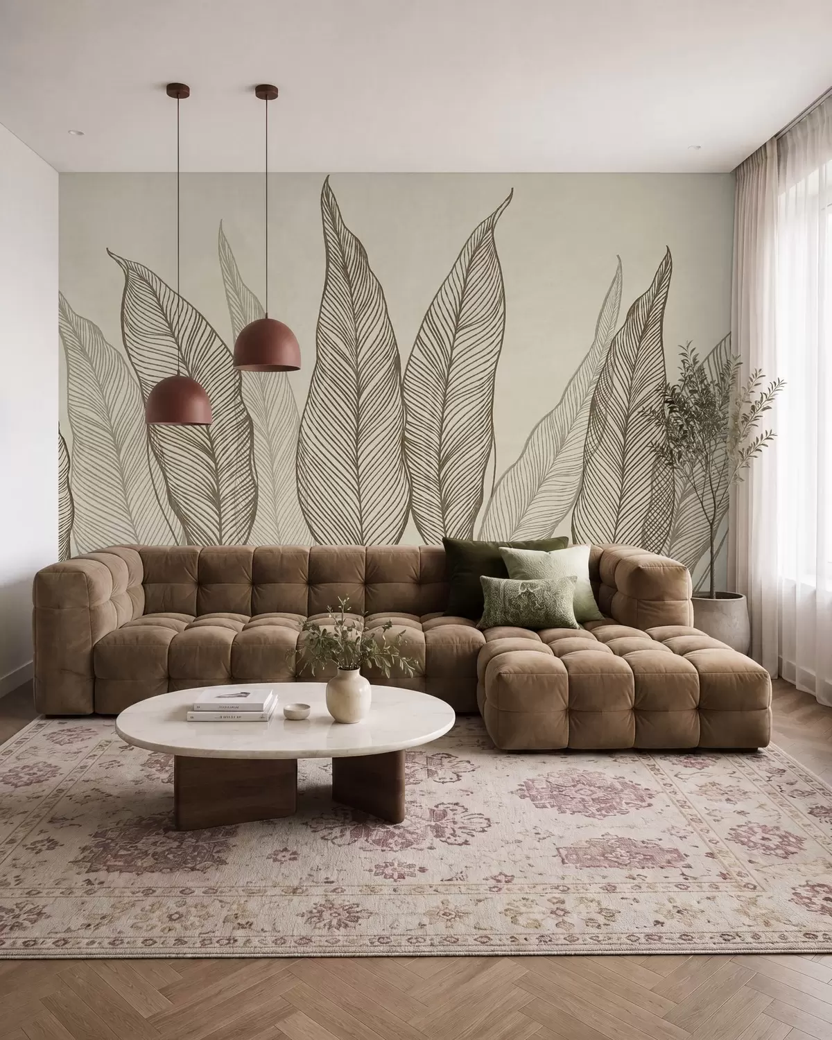 murales de pared Hojas marrones estilizadas con detalles de líneas intrincadas sobre un fondo beige; obra de arte con textura w10030v2