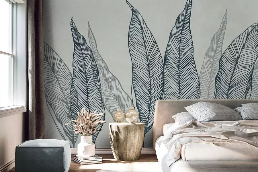murales de pared Hojas azules estilizadas con detalles de líneas intrincadas sobre un fondo gris, diseño con textura w10030v3