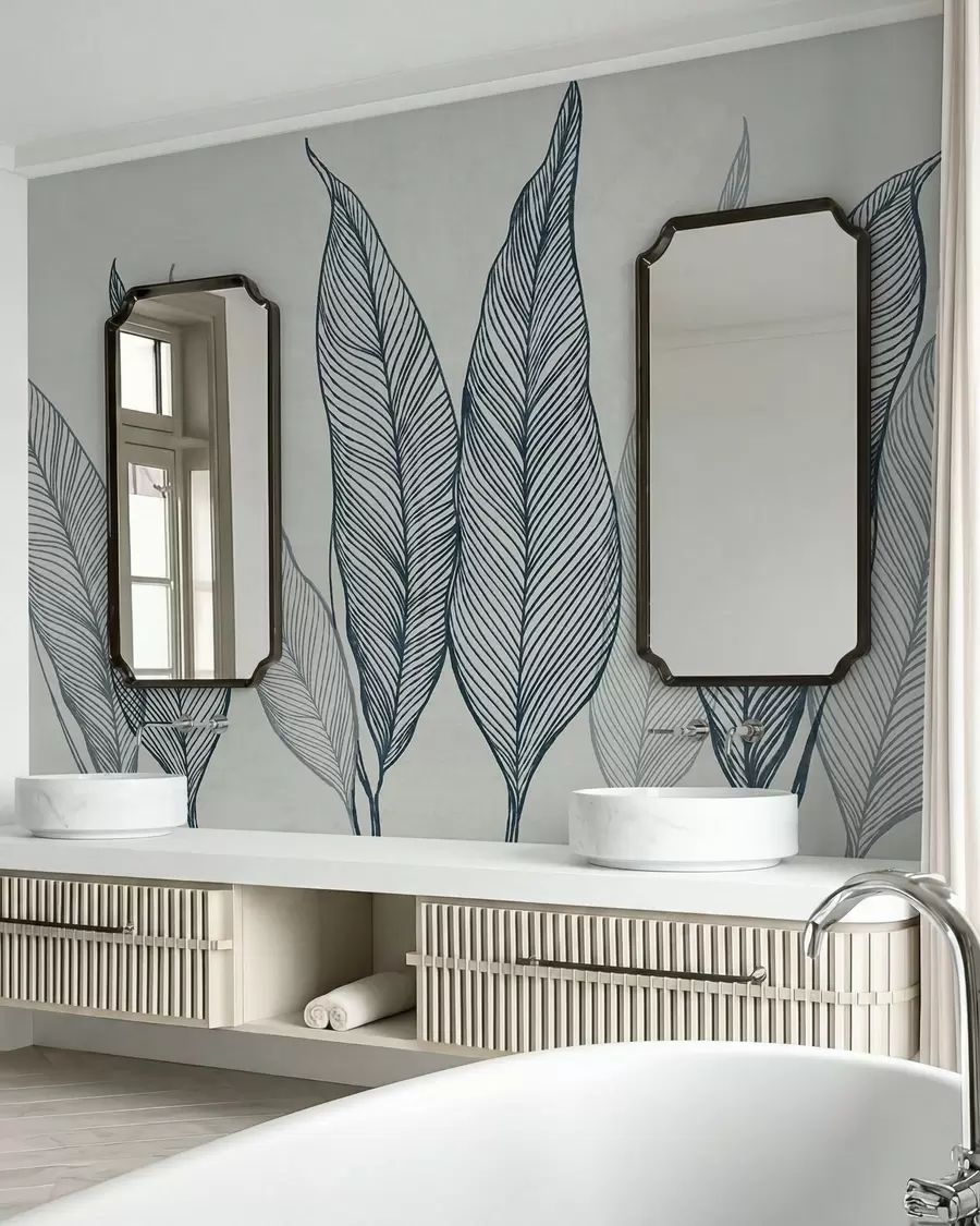 murales de pared Hojas azules estilizadas con detalles de líneas intrincadas sobre un fondo gris, diseño con textura w10030v3
