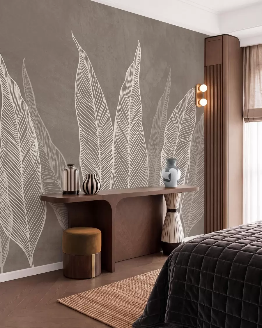 murales de pared Hojas blancas estilizadas con intrincados detalles de líneas sobre un fondo marrón, obra de arte con textura w10030v4