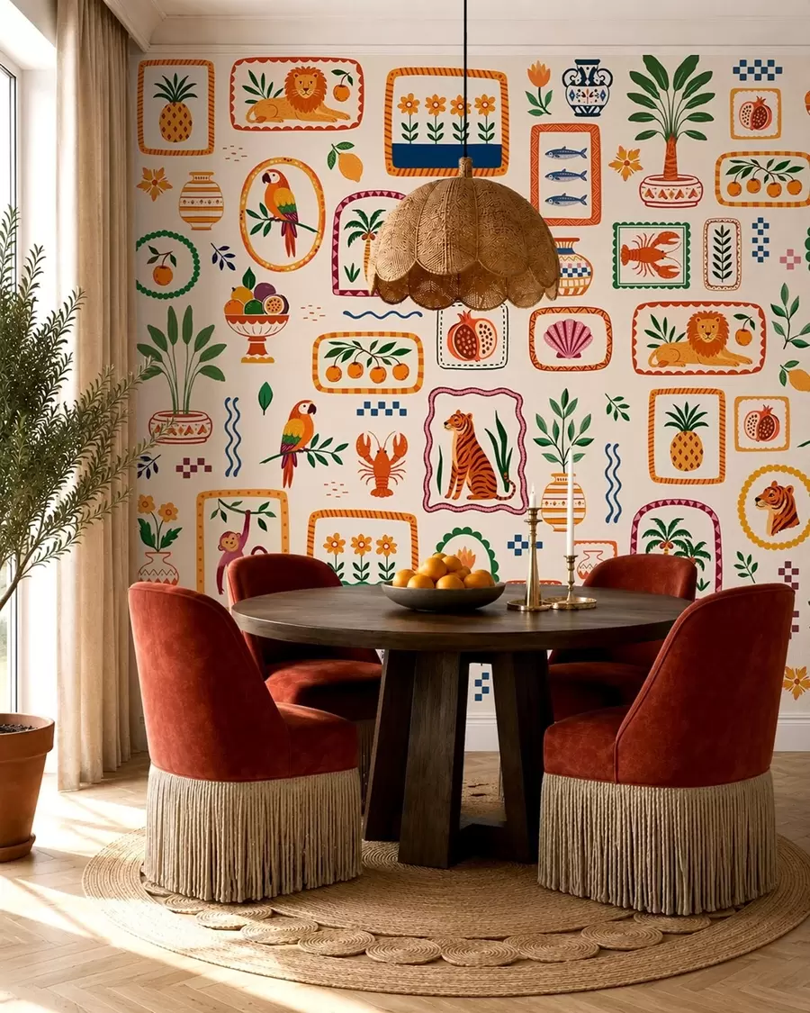 murales de pared Diseño colorido con animales, plantas y frutas w05885