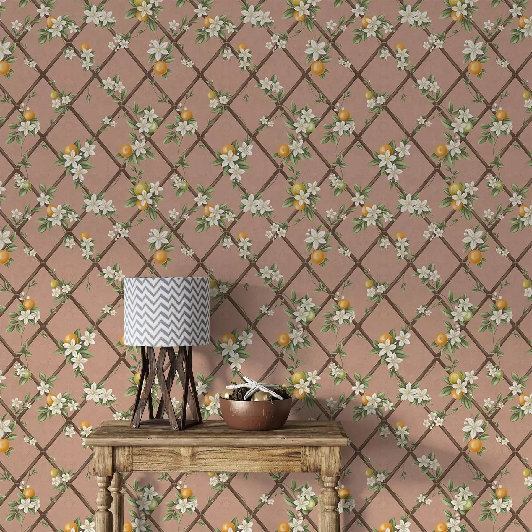 murales de pared Flores y cítricos sobre un fondo rosa con un enrejado a01261v1
