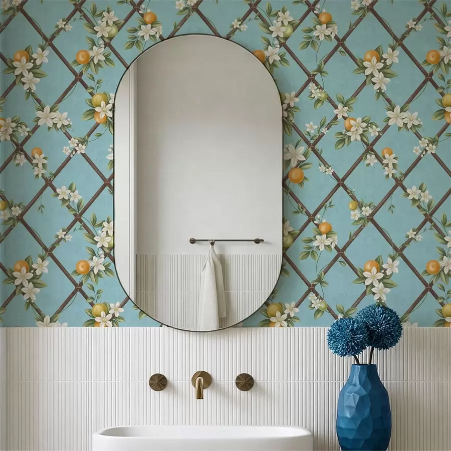 murales de pared Flores y cítricos sobre un fondo azul con un enrejado a01261v3