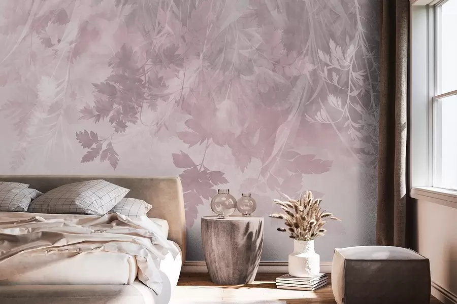 murales de pared Hojas y ramas con textura sobre un fondo rosa suave y apagado w10020v1