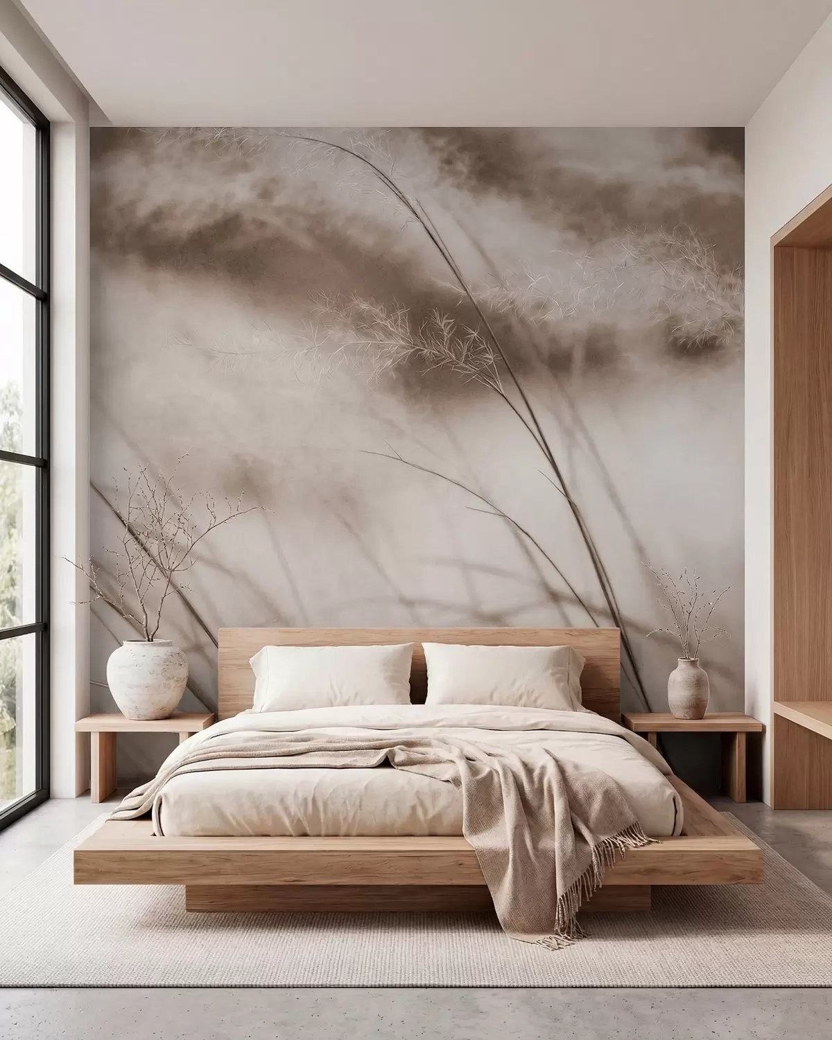 murales de pared Hierbas esbeltas y flores plumosas en tonos beige w05886v2