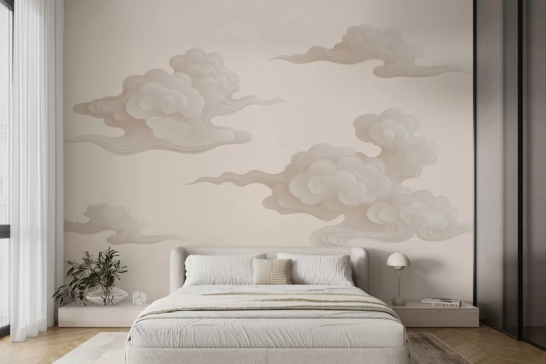 murales de pared Nubes orientales minimalistas en tonos beige y crema w10036