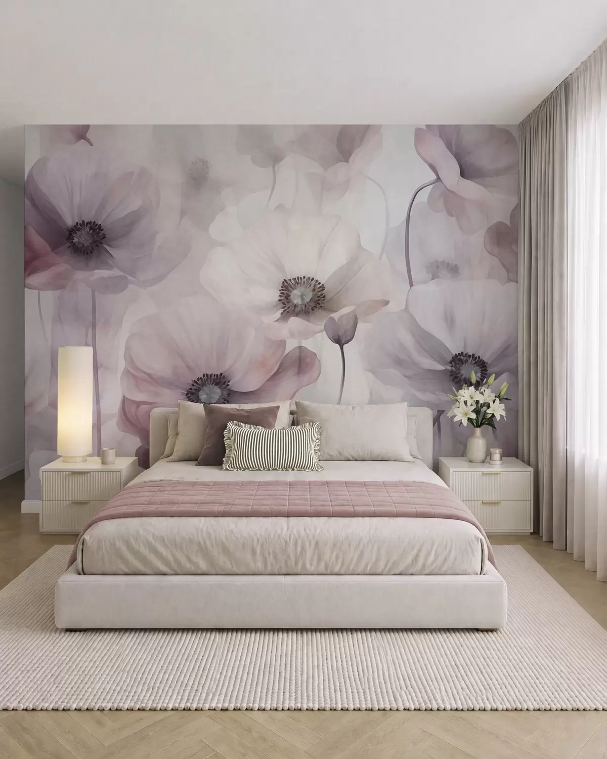 murales de pared Amapolas de color rosa pálido y blanco con pétalos delicados w10029v1