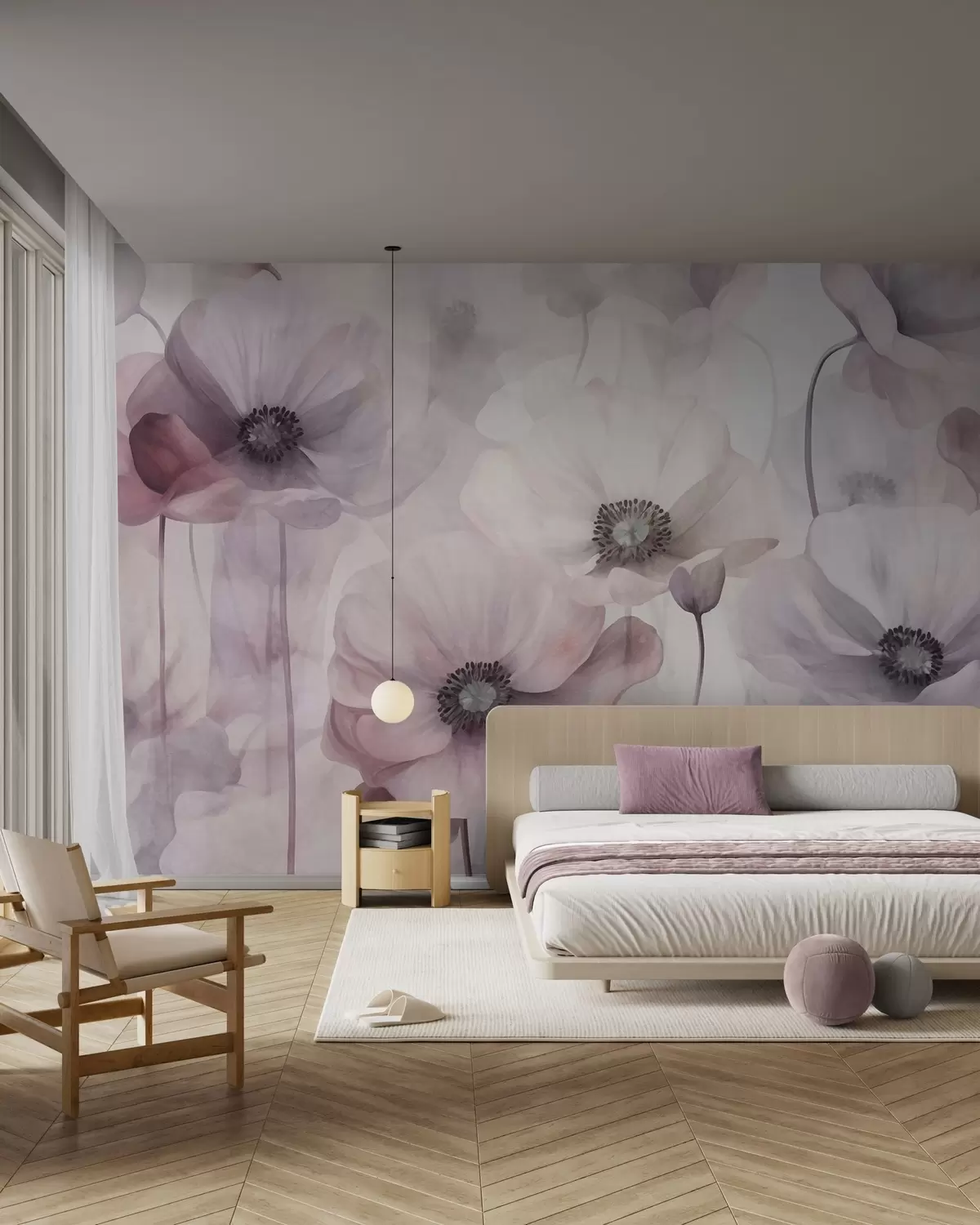 murales de pared Amapolas de color rosa pálido y blanco con pétalos delicados w10029v1