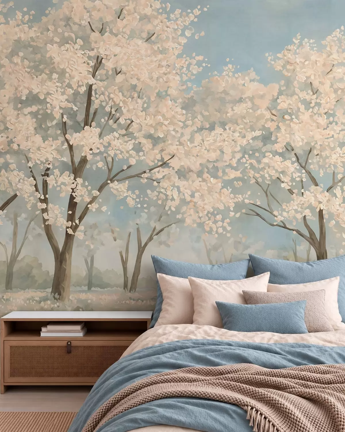 murales de pared Árboles pálidos en flor bajo un cielo azul claro w05897v1