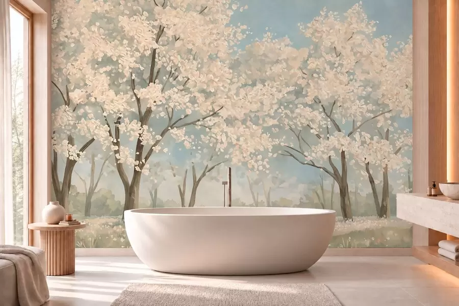 murales de pared Árboles pálidos en flor bajo un cielo azul claro w05897v1