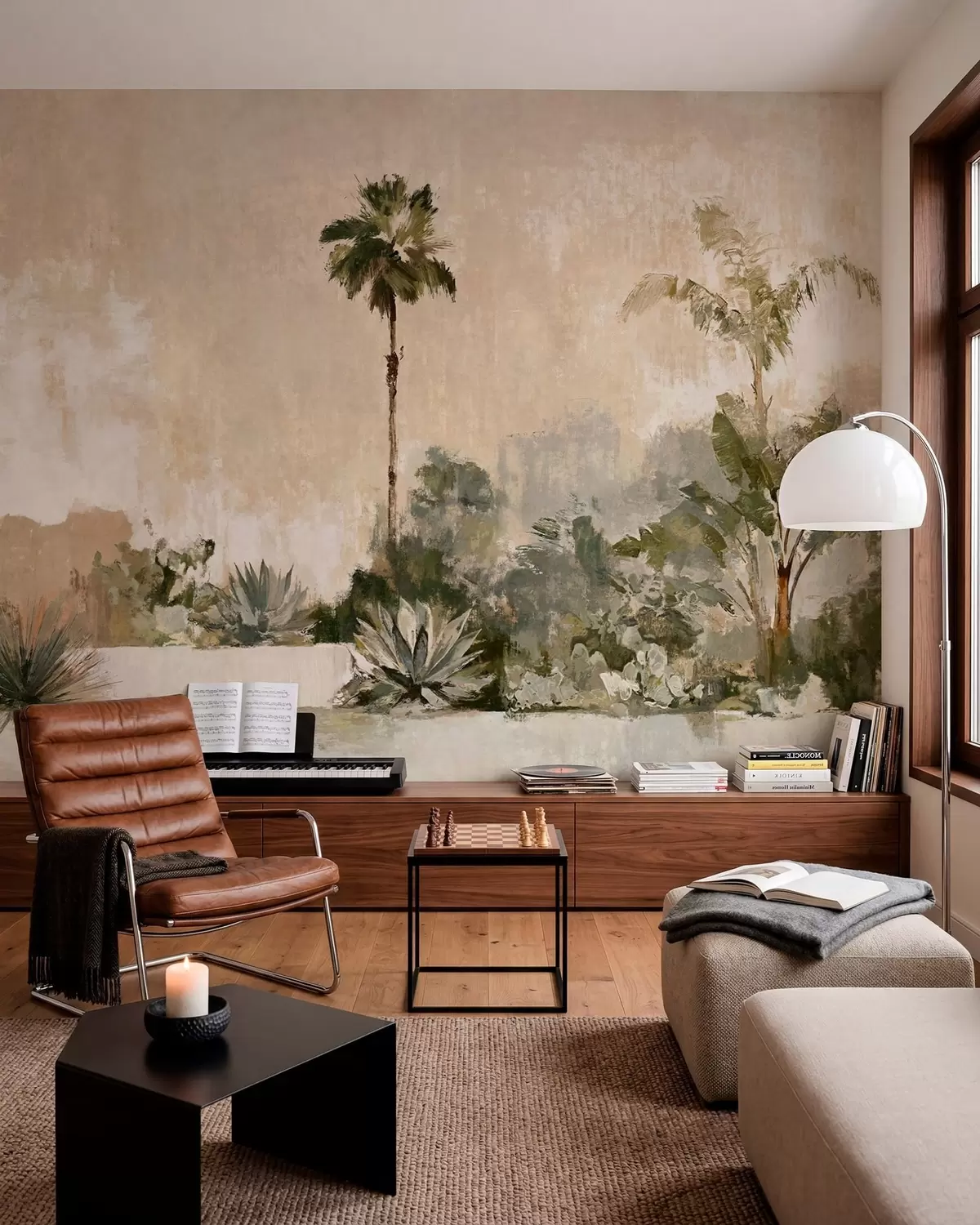 murales de pared Jardín tropical con palmeras y plantas de hojas grandes w05921v1