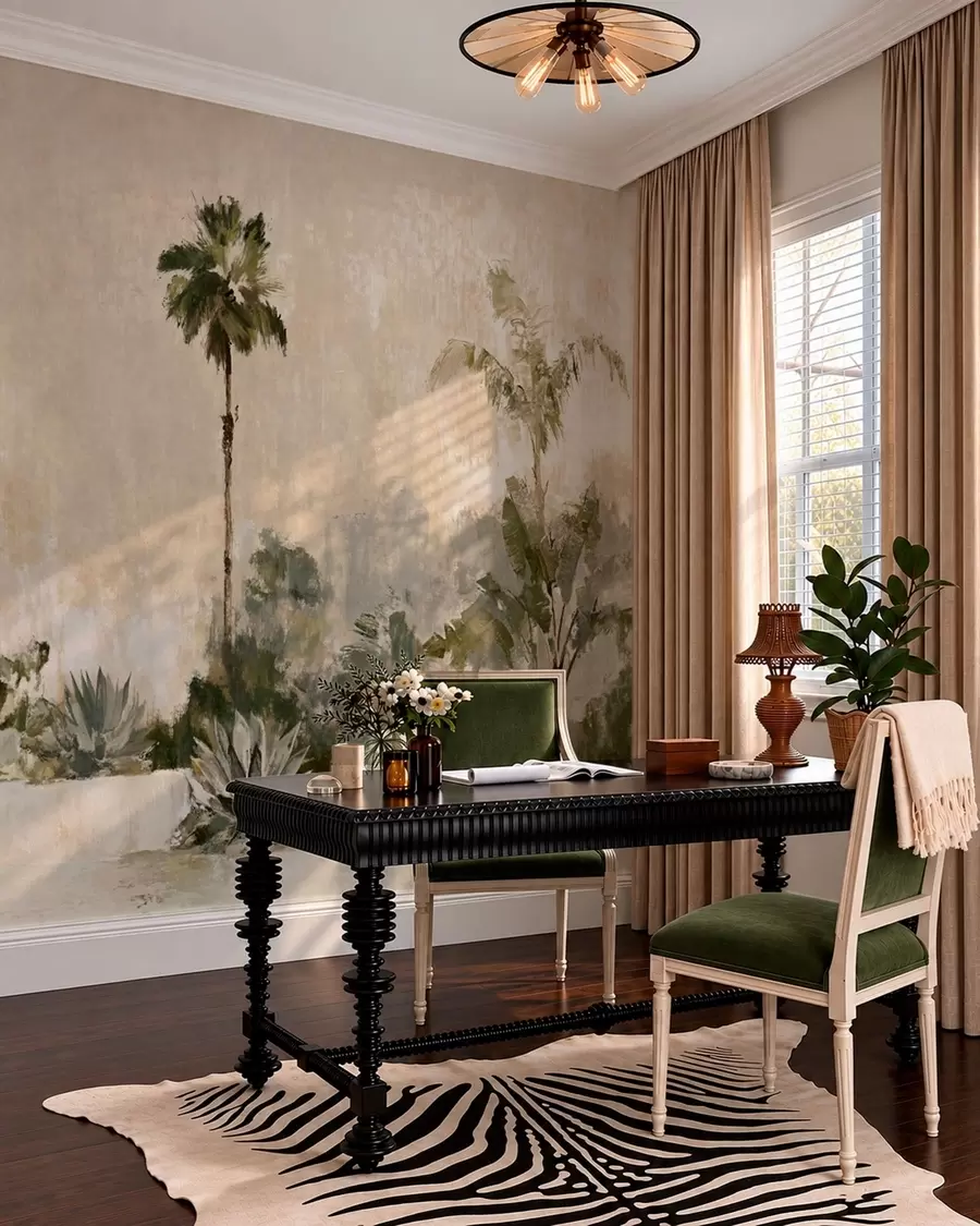 murales de pared Jardín tropical con palmeras y plantas de hojas grandes w05921v1