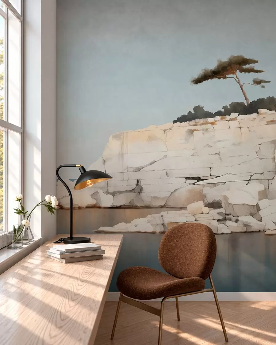 murales de pared Acantilados pálidos junto a un mar en calma, con un árbol solitario w05922