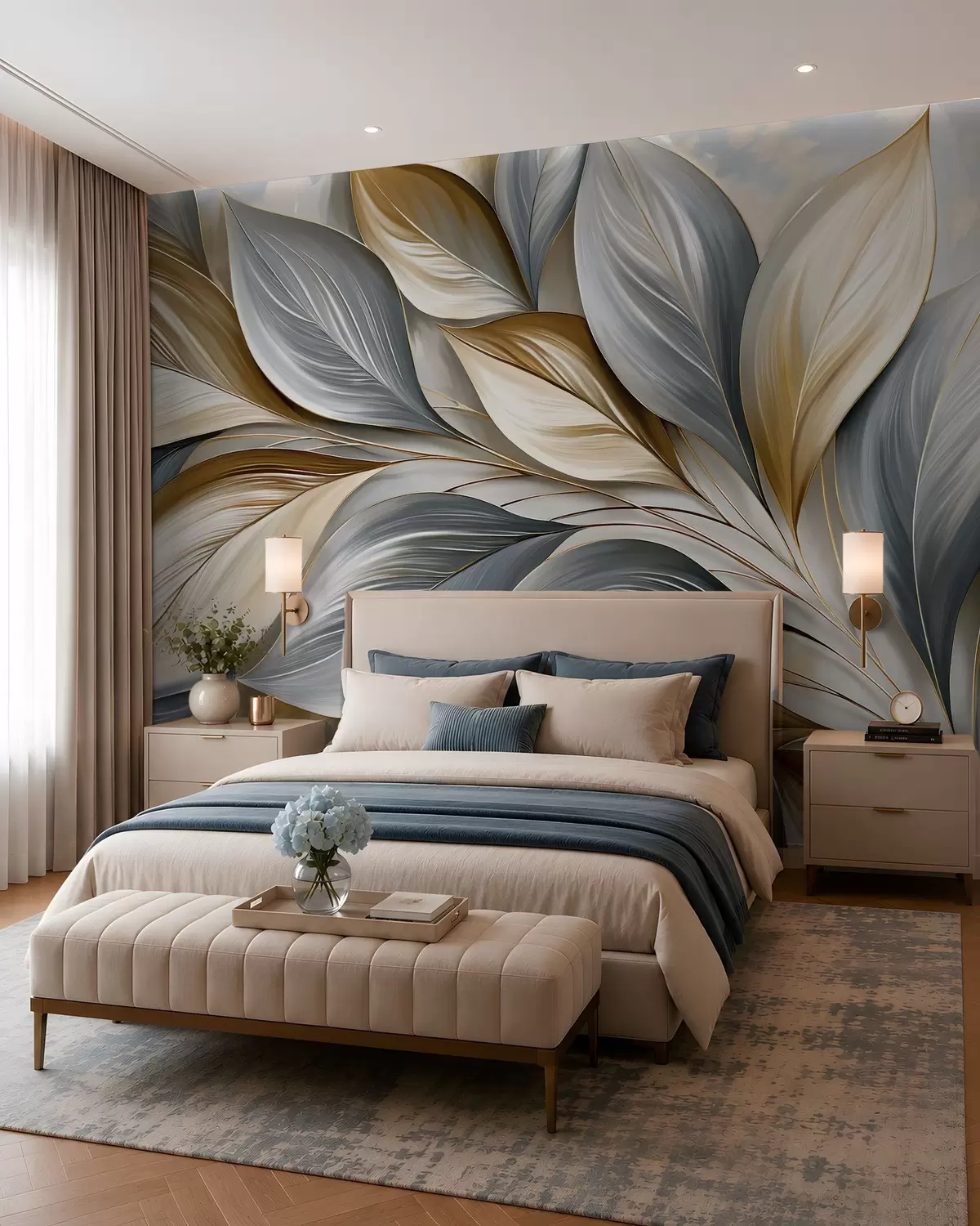 murales de pared Hojas esculpidas azules w10076