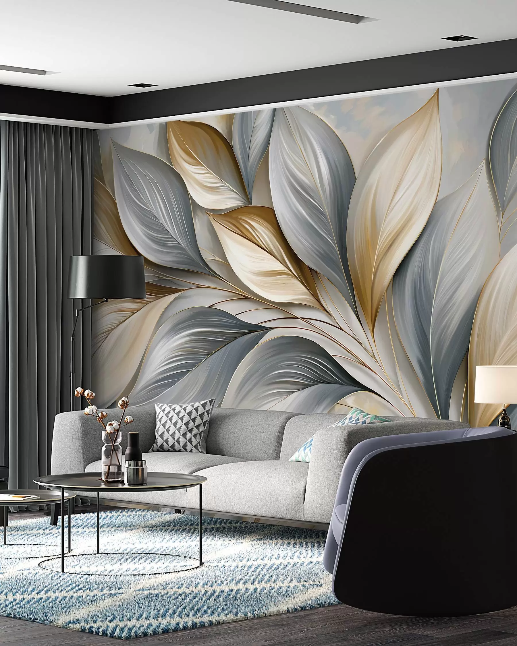 murales de pared Hojas esculpidas azules w10076